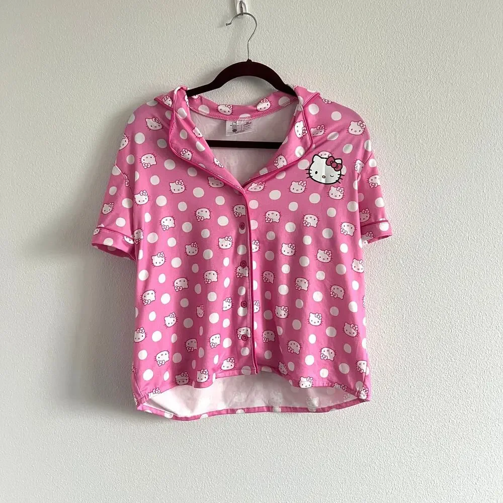 Hello Kitty Short-Sleeve Pink Polka Dot Button-Up Sleep Shirt M Coquette Girl